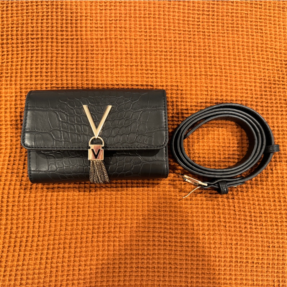 Valentino Black Croc-Embossed Crossbody Bag